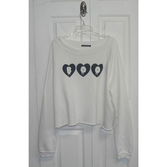 Wildfox Hearts Call Me Boo Cropped Raw Hem LS Sweatshirt in White/Black XL $130 - Picture 1 of 3